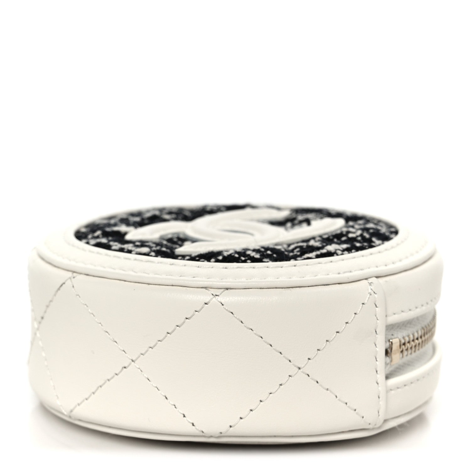 Chanel Tweed Quilted Round Filigree Pouch With Chain White Black