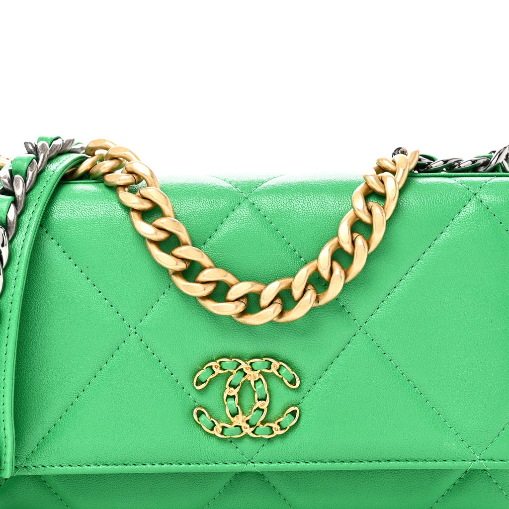 Chanel Shiny Goatskin Quilted Chanel 19 Wallet On Chain WOC Green