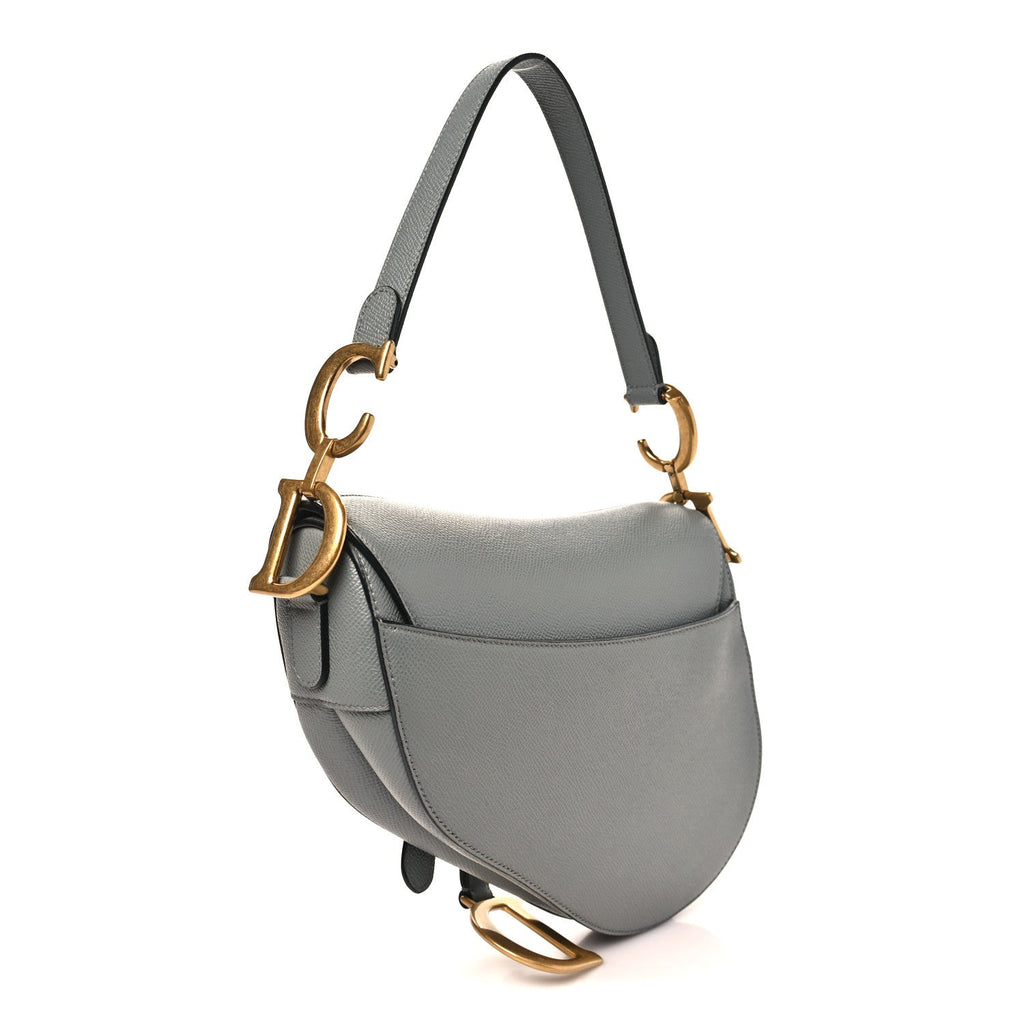 Christian Dior Grained Calfskin Saddle Bag Grey Stone