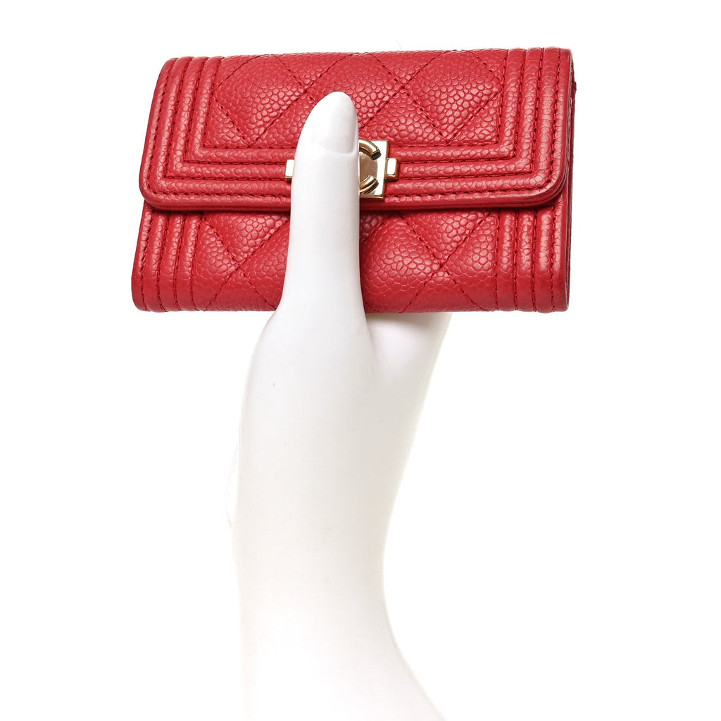 Caviar Quilted Boy Flap Card Holder Wallet Red