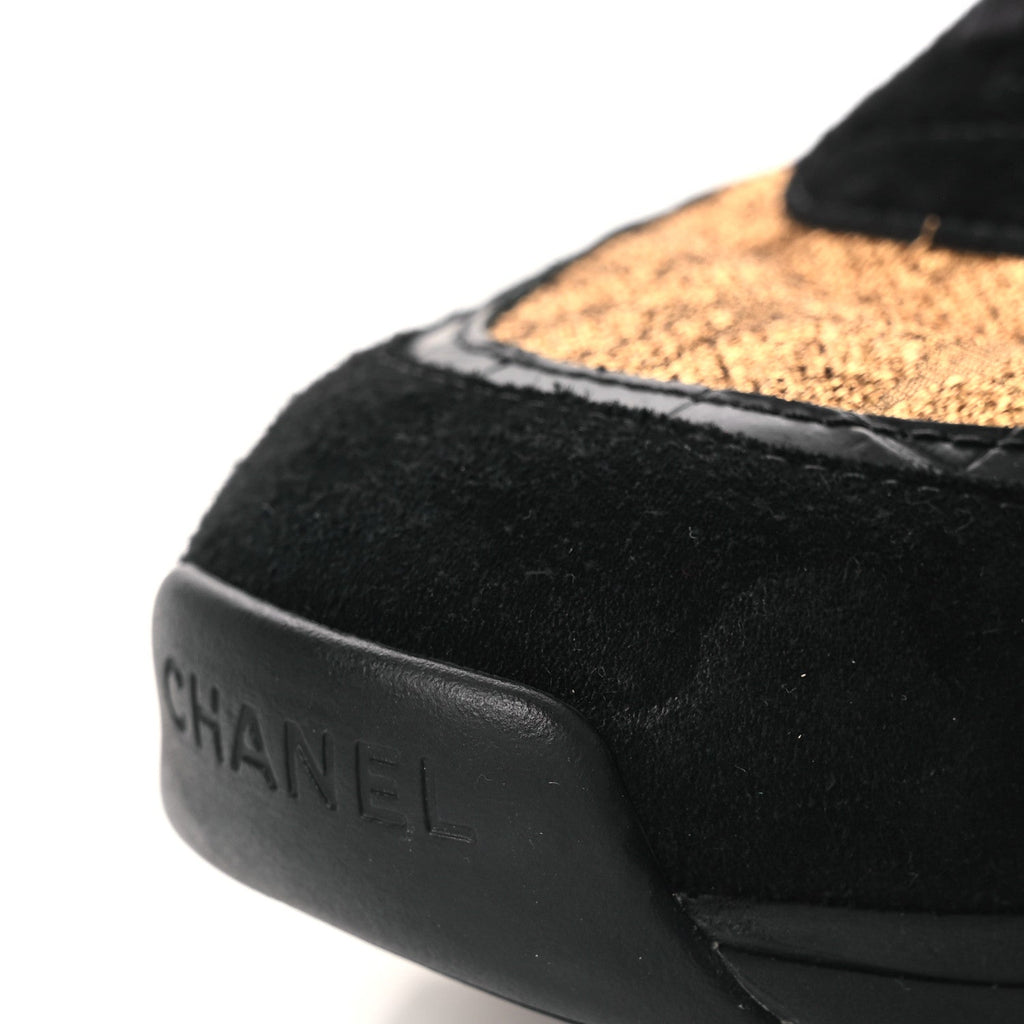 Metallic Fabric Suede Calfskin Crocodile Embossed Mens CC Sneakers 45 Black Gold