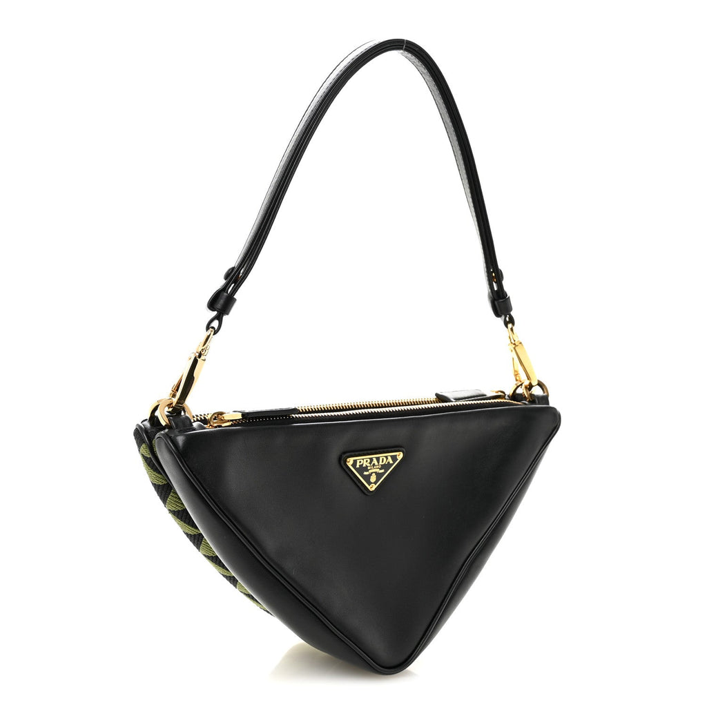 Prada Jacquard Calfskin Triangolo Symbole Embroidered Mini Triangle Double Bag Black Edera