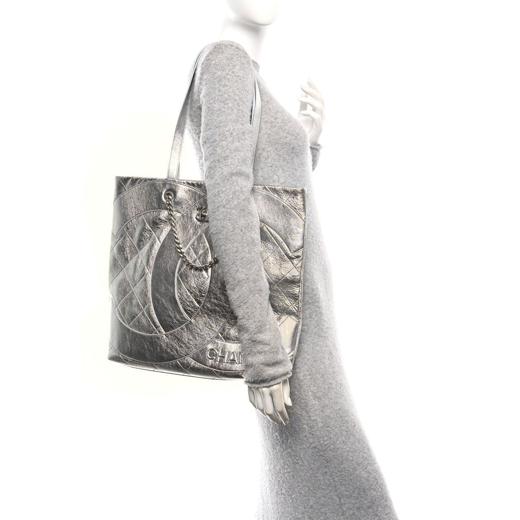 Chanel Metallic Calfskin Stitched CC Shopper Tote Silvery