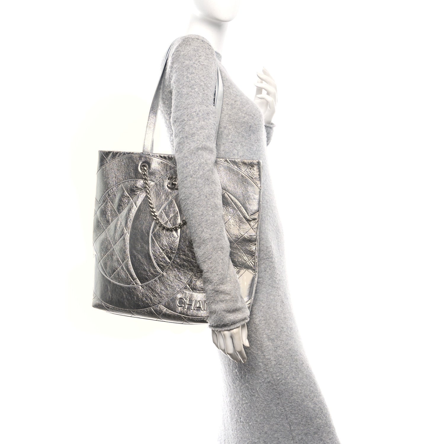 Chanel Metallic Calfskin Stitched CC Shopper Tote Silvery