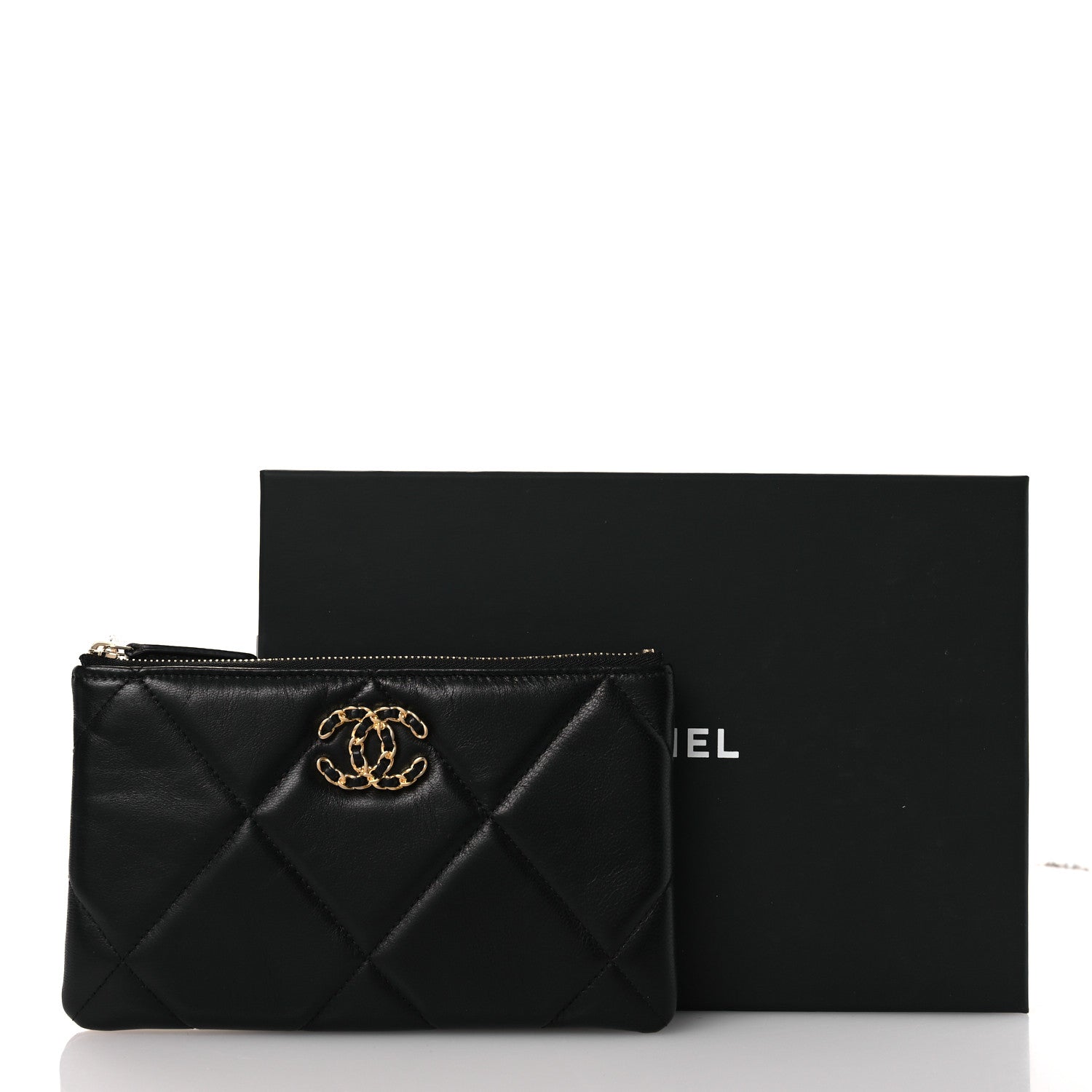 Chanel Shiny Goatskin Quilted Small Chanel 19 Pouch Black
