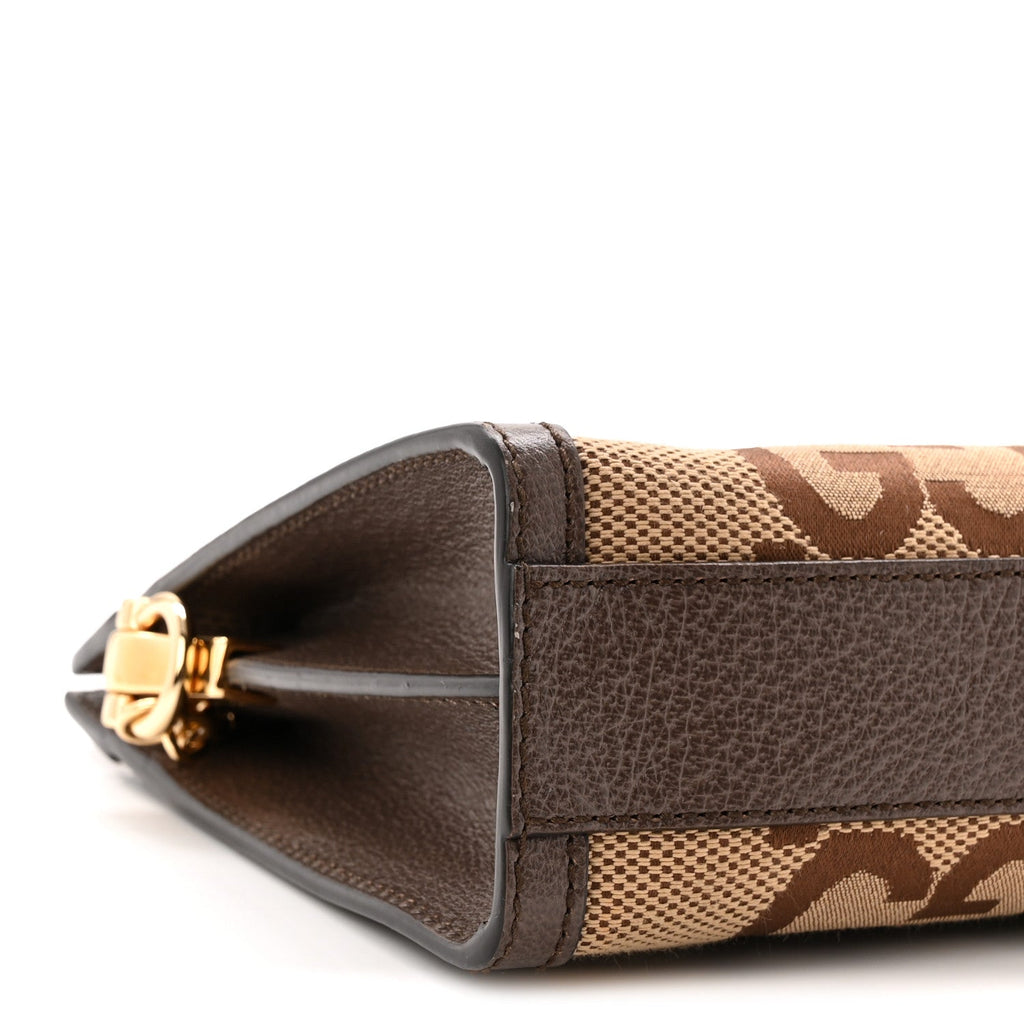 Gucci Monogram Jumbo GG Textured Dollar Calfskin Web Small Ophidia Chain Shoulder Bag Camel Ebony New Acero