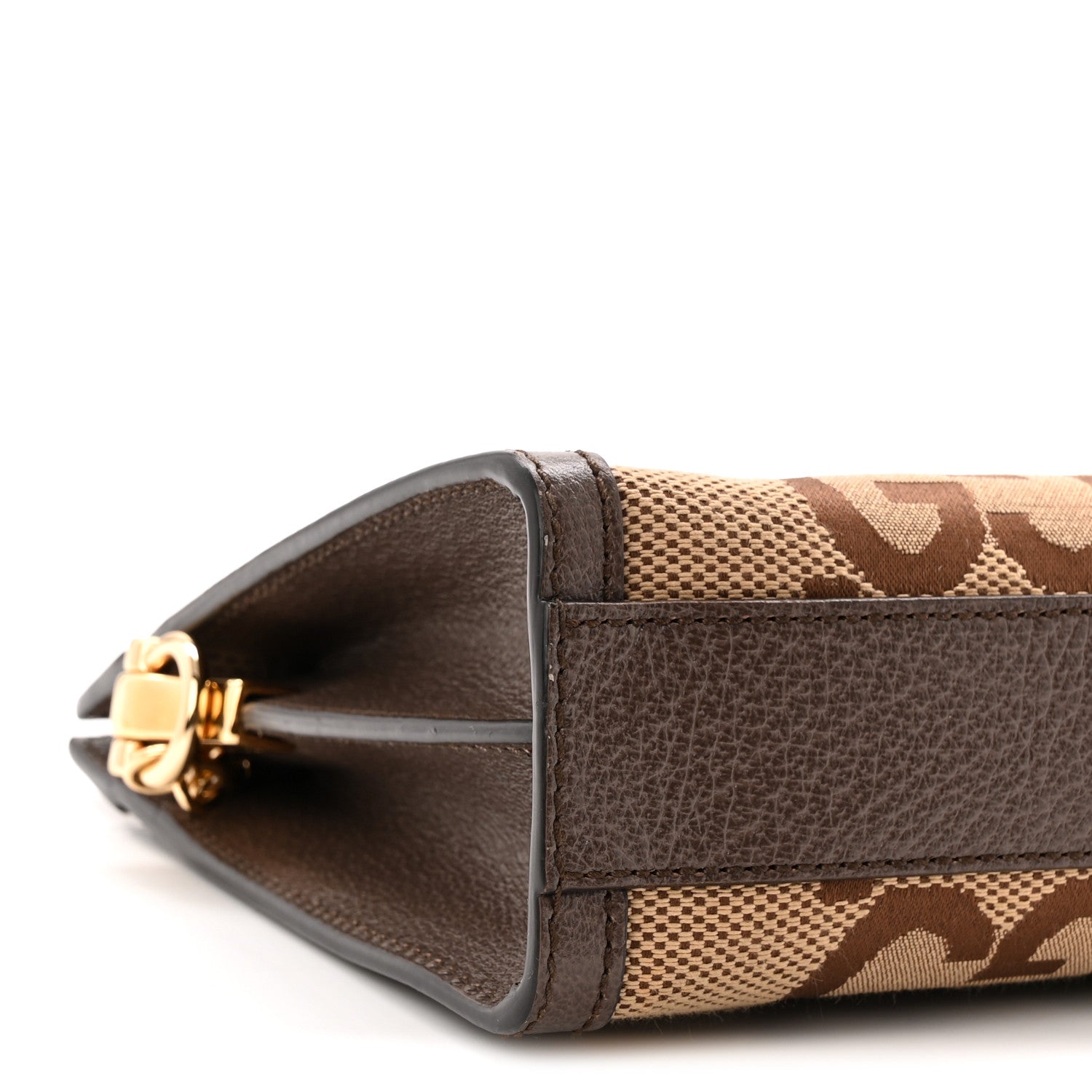 Gucci Monogram Jumbo GG Textured Dollar Calfskin Web Small Ophidia Chain Shoulder Bag Camel Ebony New Acero