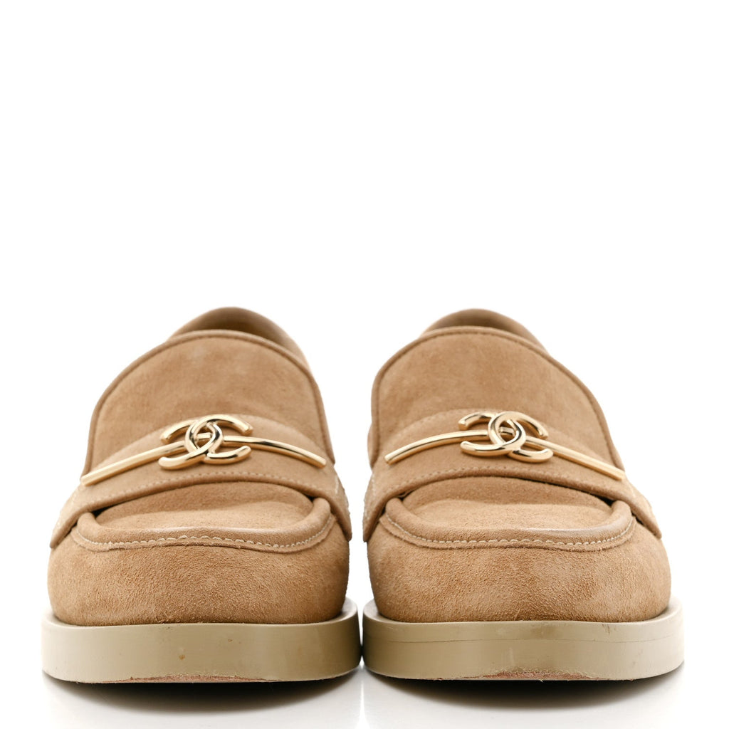 Chanel Suede Metal CC Mocassin Loafers 37 Beige