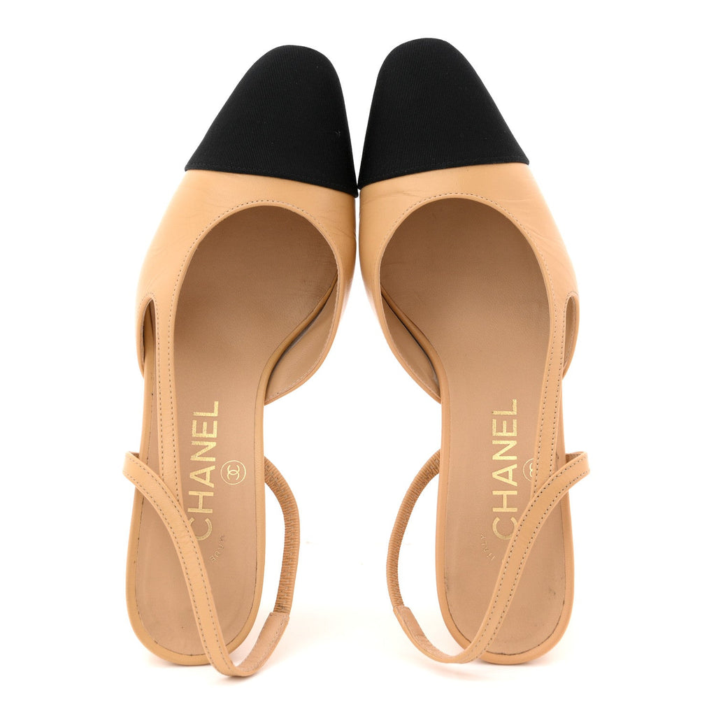 Goatskin Grosgrain Cap Toe CC Slingback Pumps 36.5 Beige Black