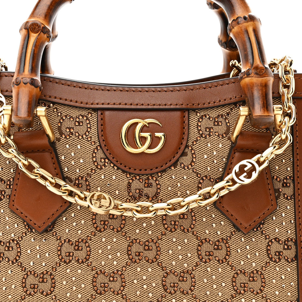 Gucci New Canvas Charisma Calfskin Crystal GG Monogram Mini Diana Tote Bag Camel Ebony
