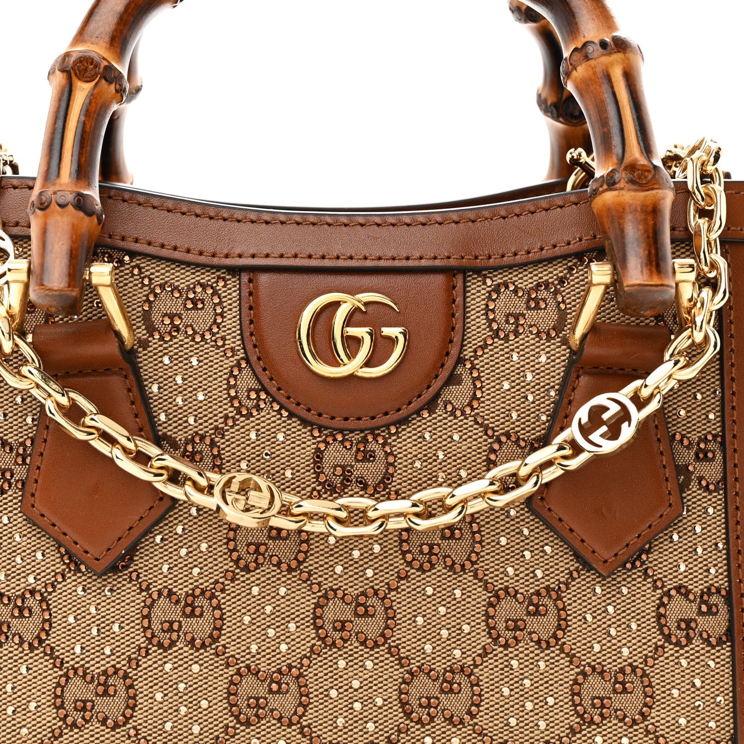 Gucci New Canvas Charisma Calfskin Crystal GG Monogram Mini Diana Tote Bag Camel Ebony