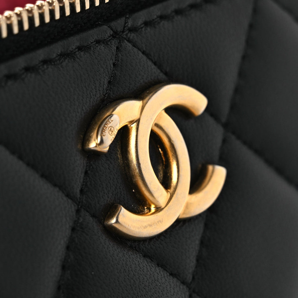 Chanel Lambskin Quilted Camellia Vanity Case Black