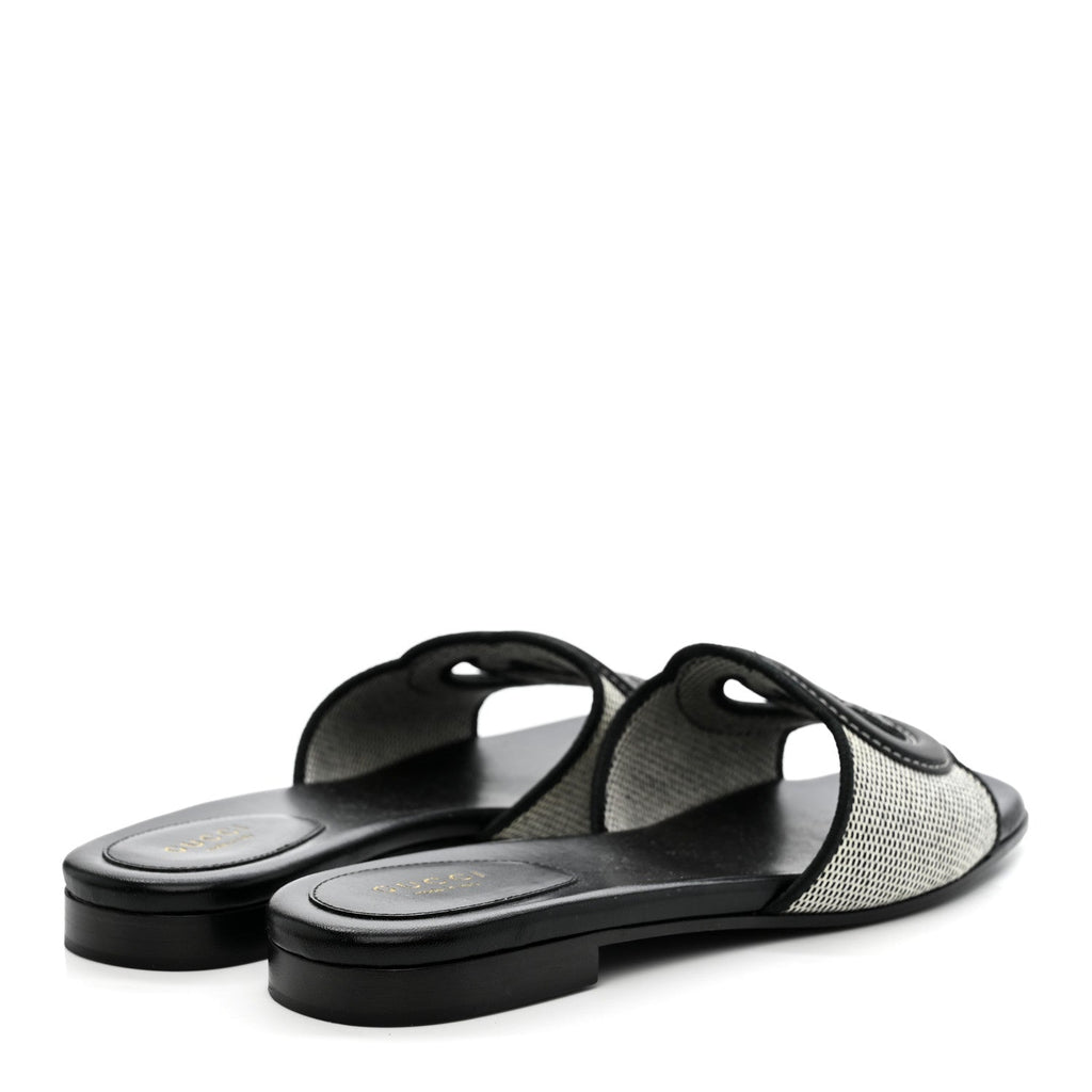 Gucci Cosmo Softy Calfskin Canvas Interlocking G Cut Out Slide Sandals 37.5 Natural Black