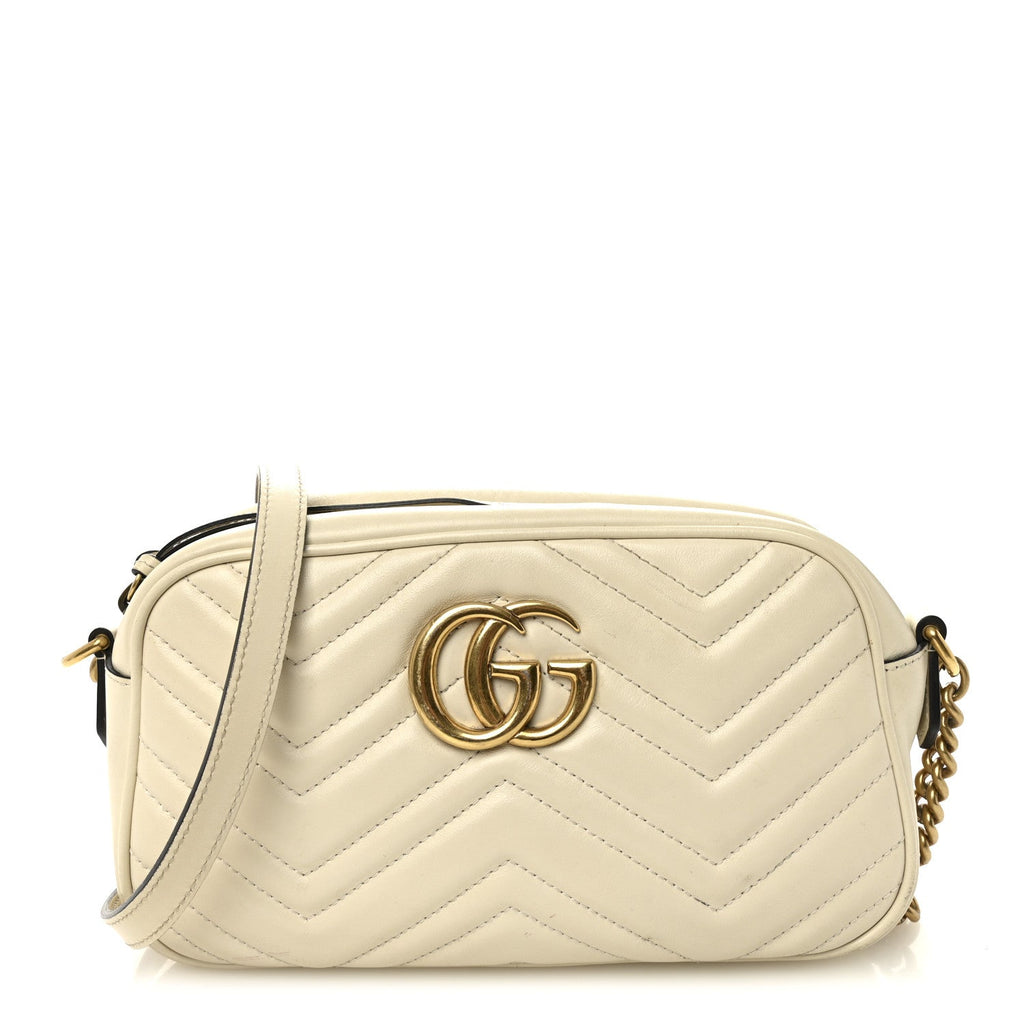 Gucci Calfskin Matelasse Small GG Marmont Chain Shoulder Bag White