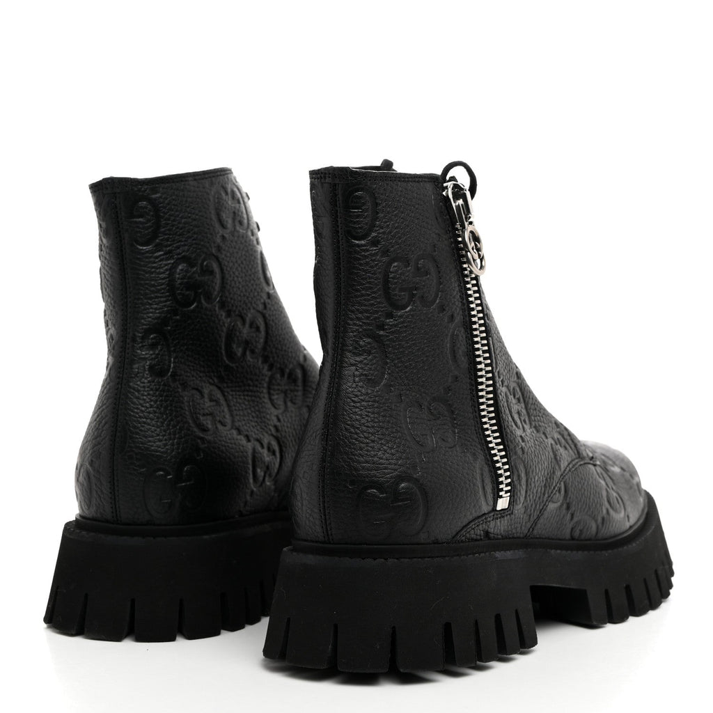 Gucci Calfskin Embossed Monogram Lace Up Ankle Boots 8 Black