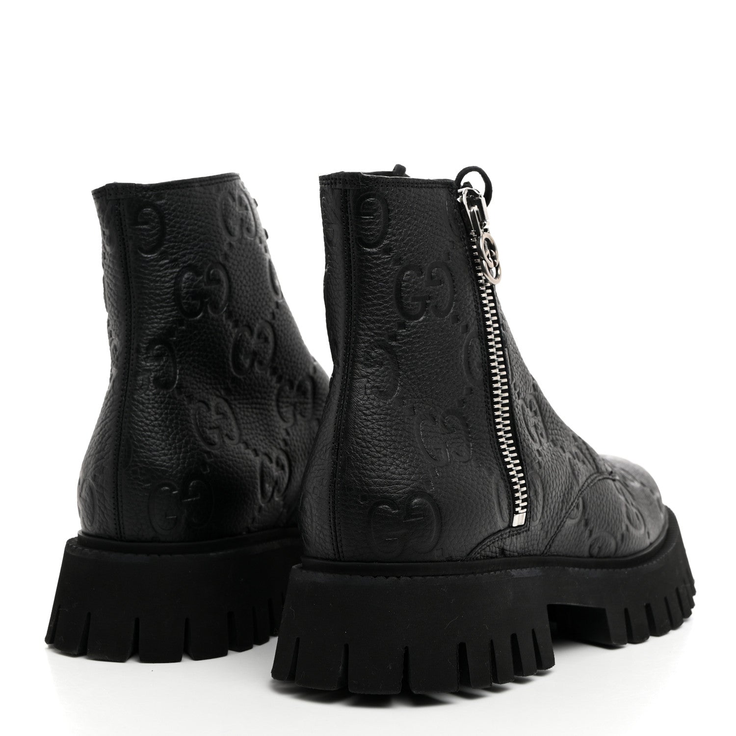 Gucci Calfskin Embossed Monogram Lace Up Ankle Boots 8 Black
