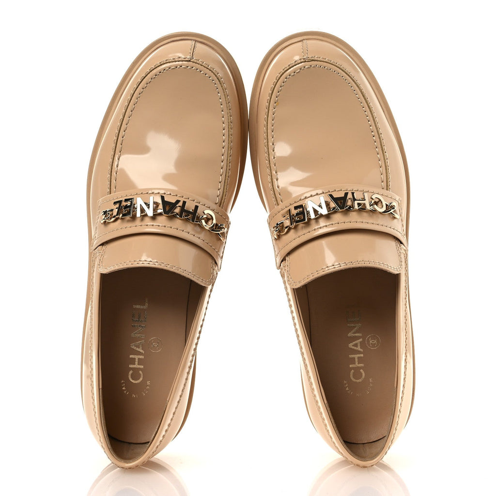 Chanel Shiny Calfskin Logo Loafers 40 Beige