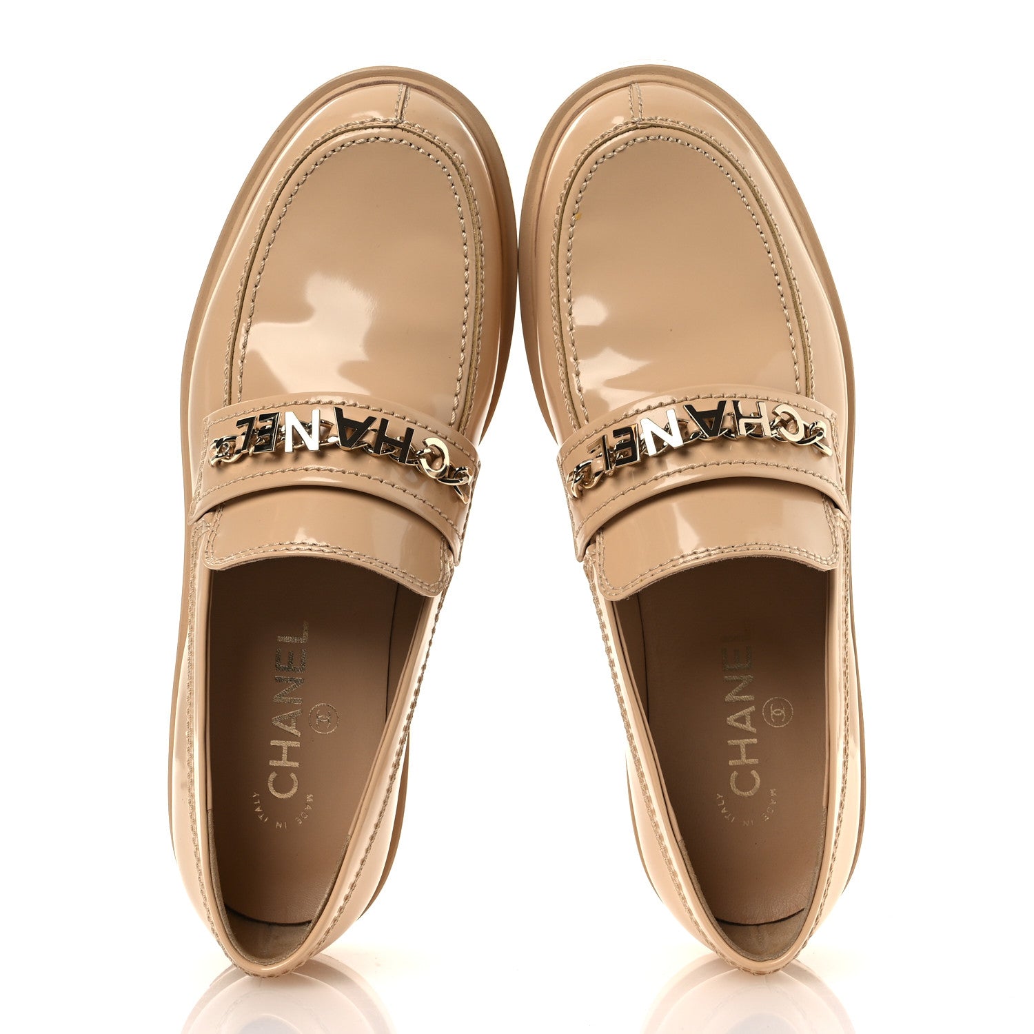 Chanel Shiny Calfskin Logo Loafers 40 Beige
