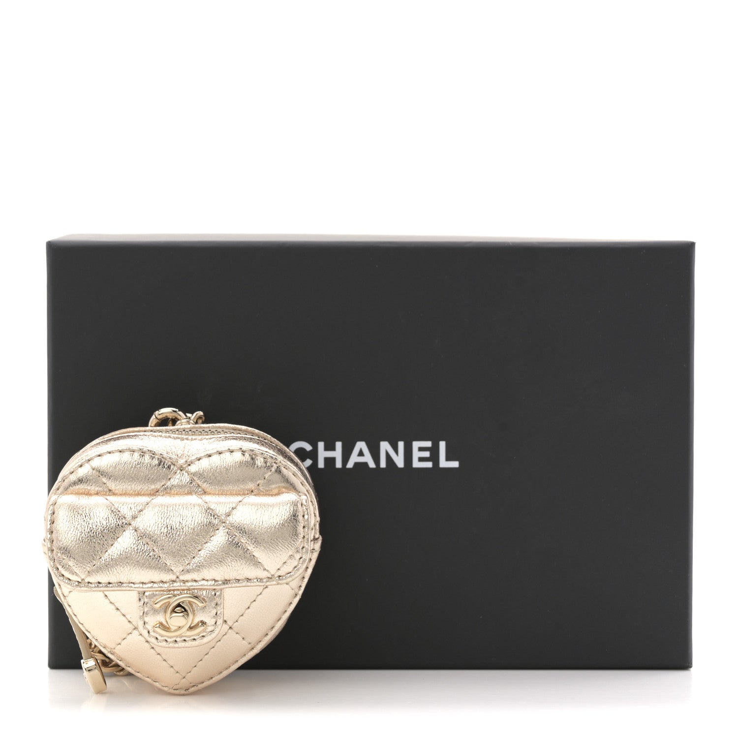 Metallic Lambskin Quilted CC In Love Mini Heart Bag Charm Gold