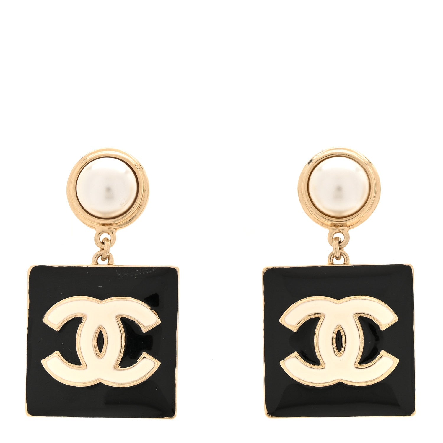 Metal Resin Pearl CC Drop Earrings Gold Black White