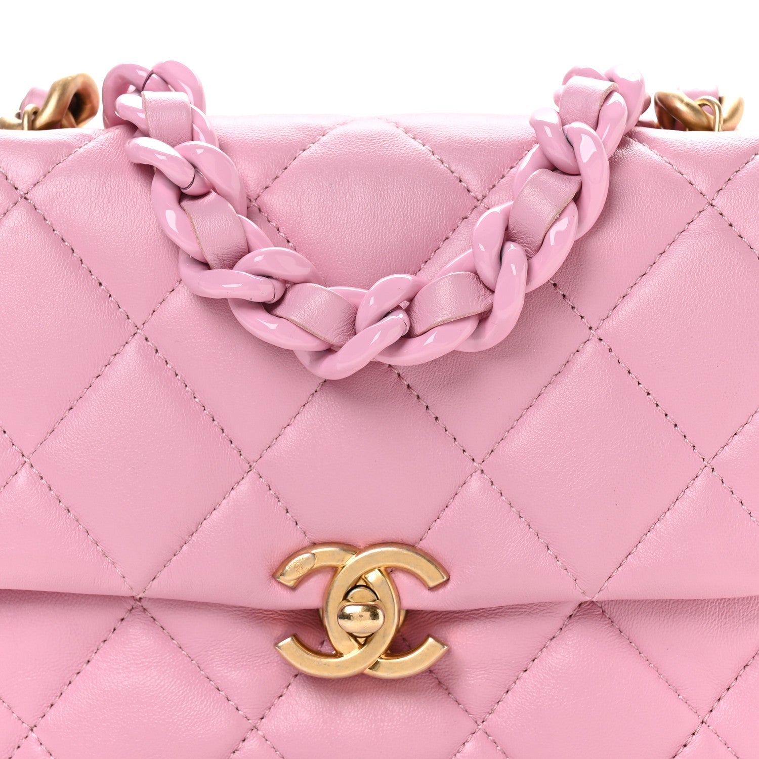 Chanel Lambskin Quilted Mini Lacquered Chain Flap Pink