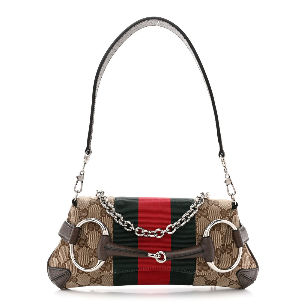 Gucci Monogram Textured Dollar Calfskin Heavy Grosgrain Web Small Maxi Horsebit Chain Shoulder Bag Beige Ebony New Acero
