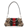 Gucci Monogram Textured Dollar Calfskin Heavy Grosgrain Web Small Maxi Horsebit Chain Shoulder Bag Beige Ebony New Acero