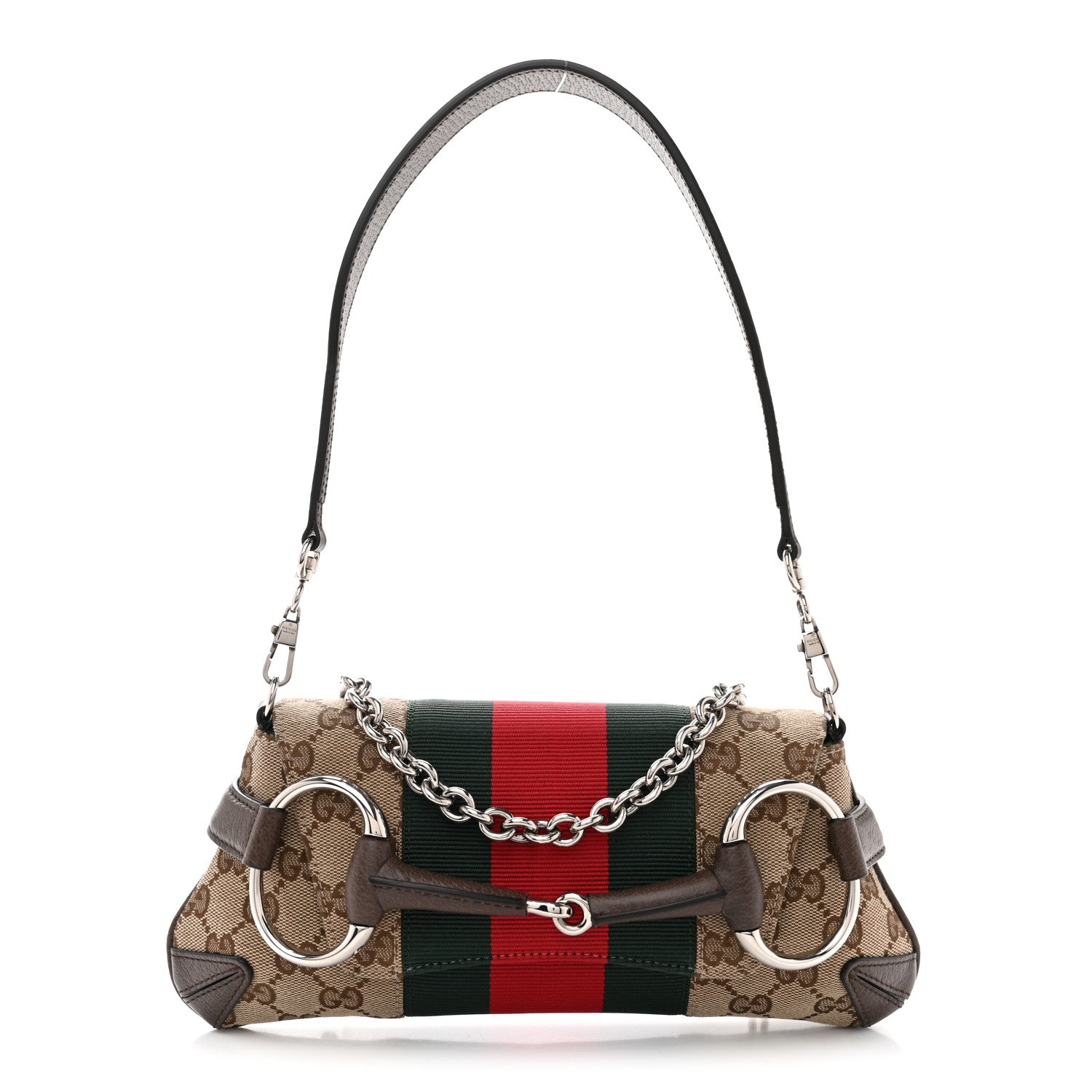 Gucci Monogram Textured Dollar Calfskin Heavy Grosgrain Web Small Maxi Horsebit Chain Shoulder Bag Beige Ebony New Acero