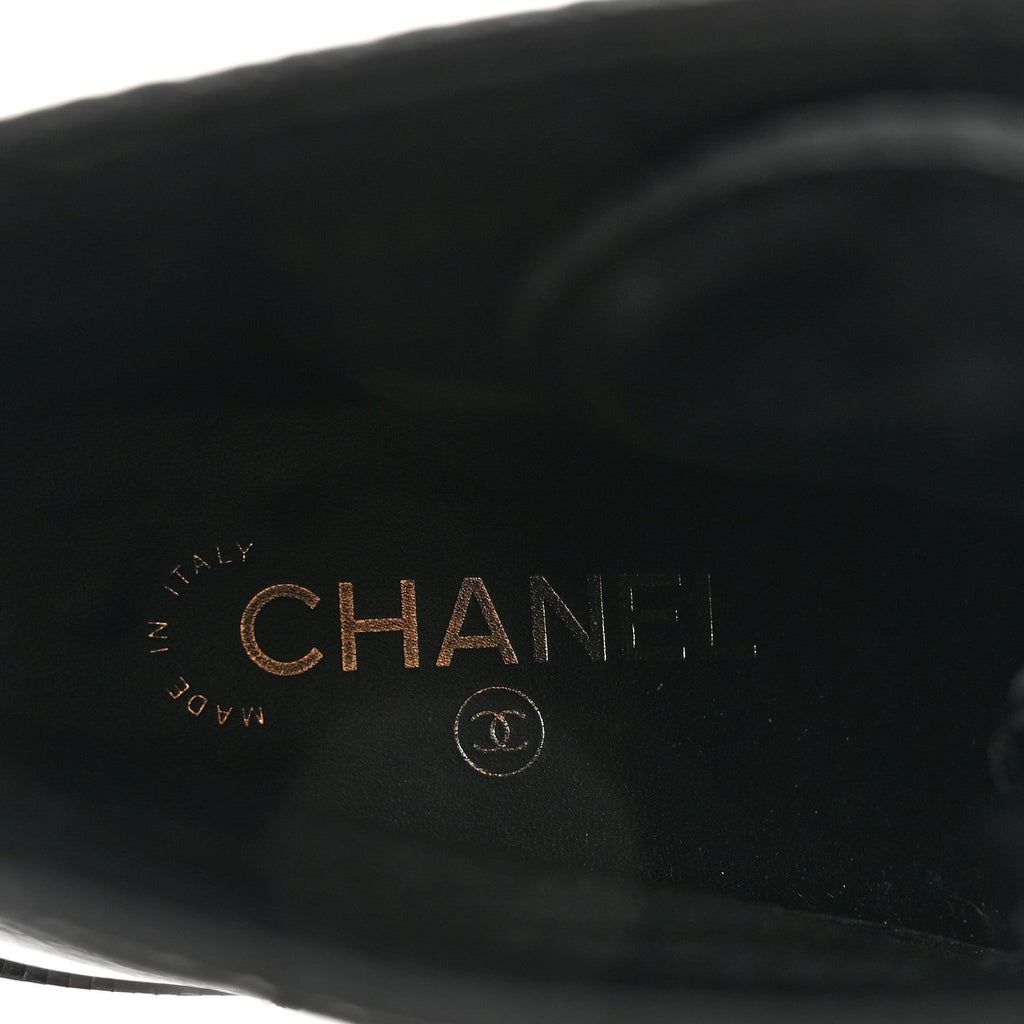 Chanel Shiny Calfskin Velvet Pearl Combat Short Boots 38.5 Black