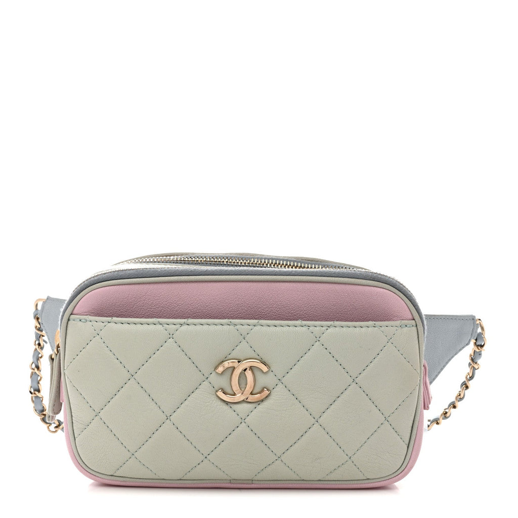 Chanel Goatskin Quilted Waist Bag Green Blue Pink