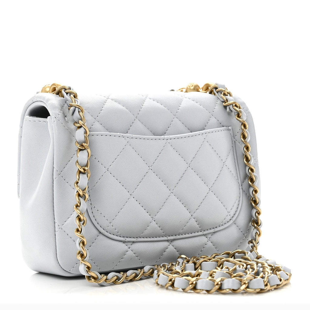Chanel Shiny Lambskin Quilted Pearl Twist Mini Square Flap Light Blue