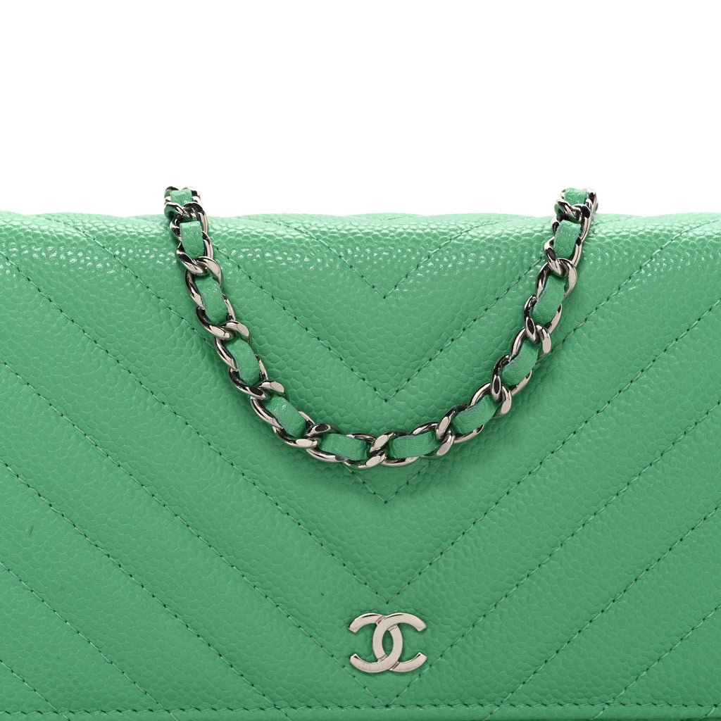 Chanel Caviar Chevron Quilted Wallet On Chain WOC Green
