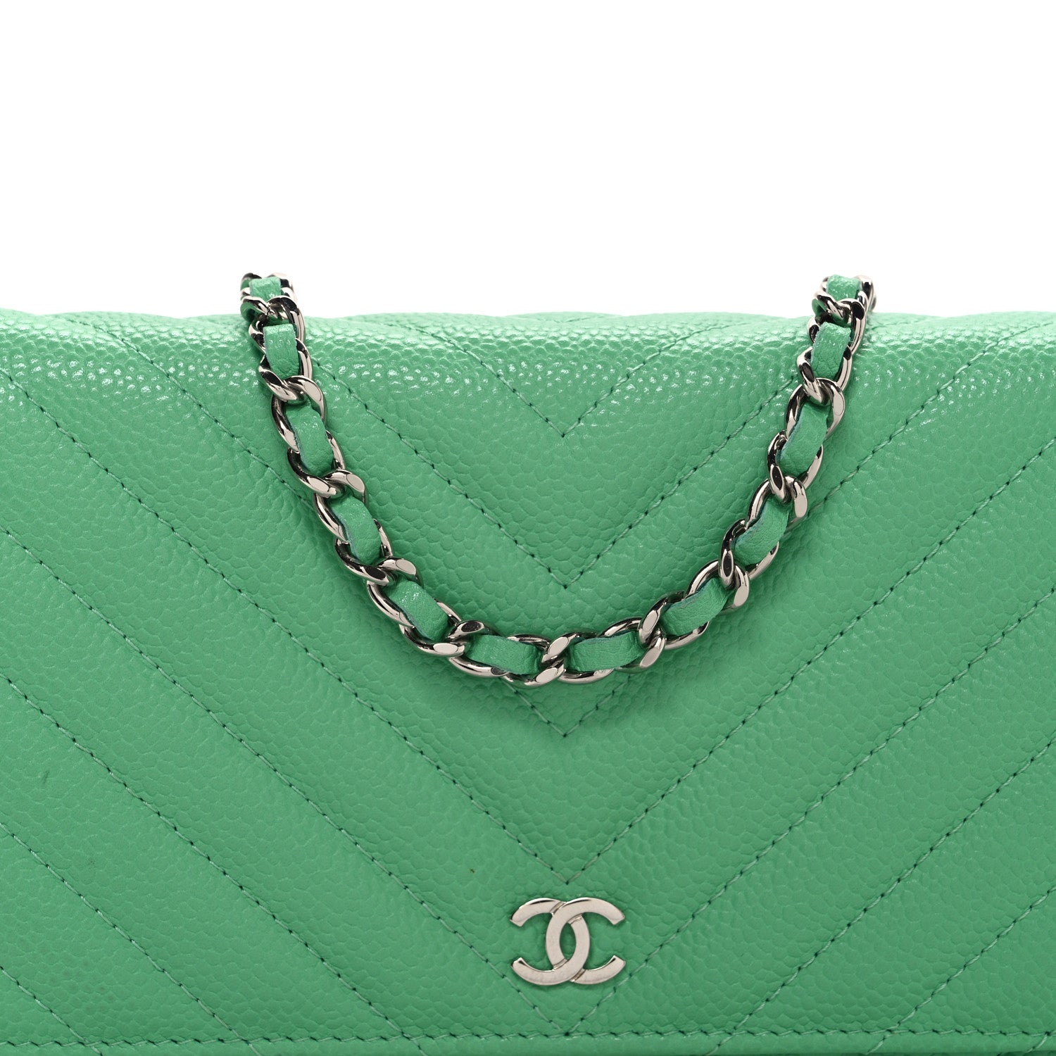 Chanel Caviar Chevron Quilted Wallet On Chain WOC Green