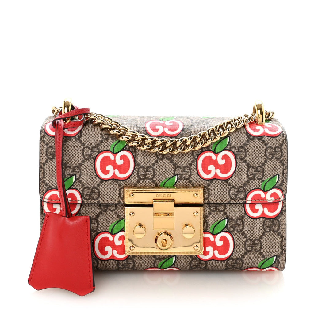 Gucci GG Supreme Monogram Apple Small Padlock Shoulder Bag Beige Multicolor Lobster Red
