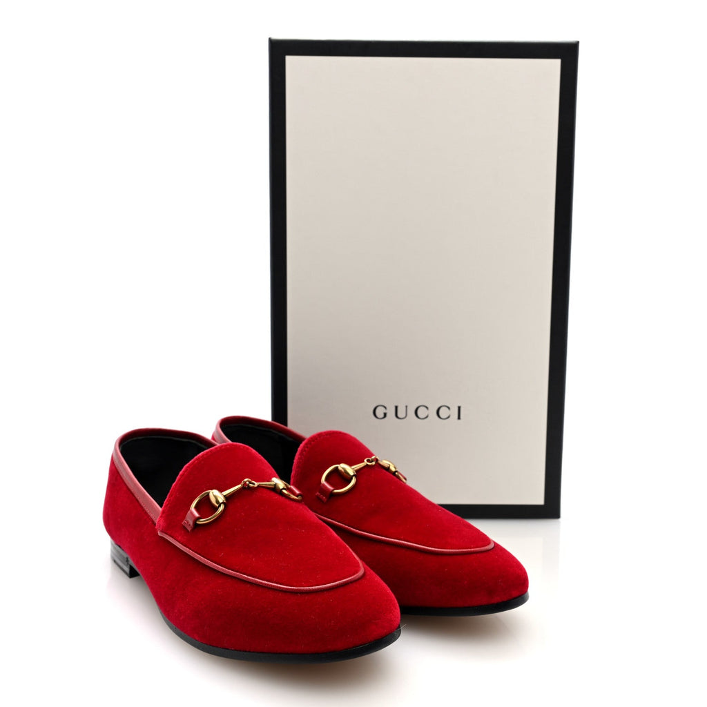 Gucci Velvet Horsebit Womens Jordaan Loafers 37 Hibiscus Red
