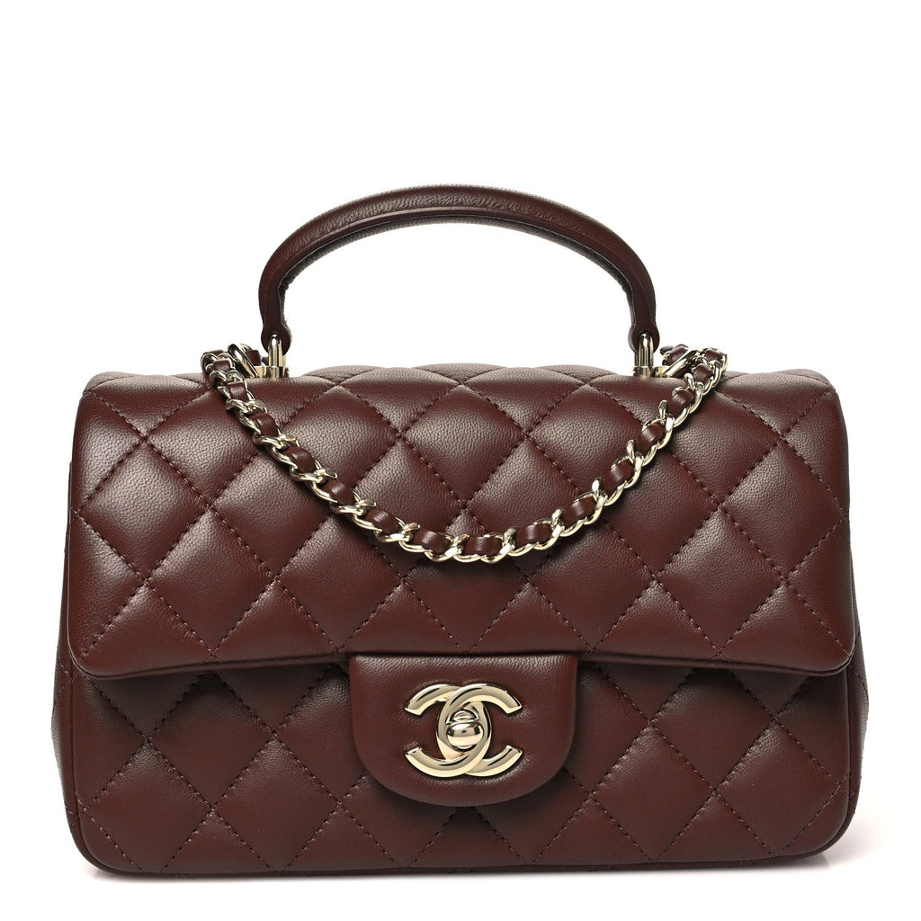 Chanel Lambskin Quilted Mini Top Handle Rectangular Flap Dark Brown