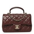 Chanel Lambskin Quilted Mini Top Handle Rectangular Flap Dark Brown