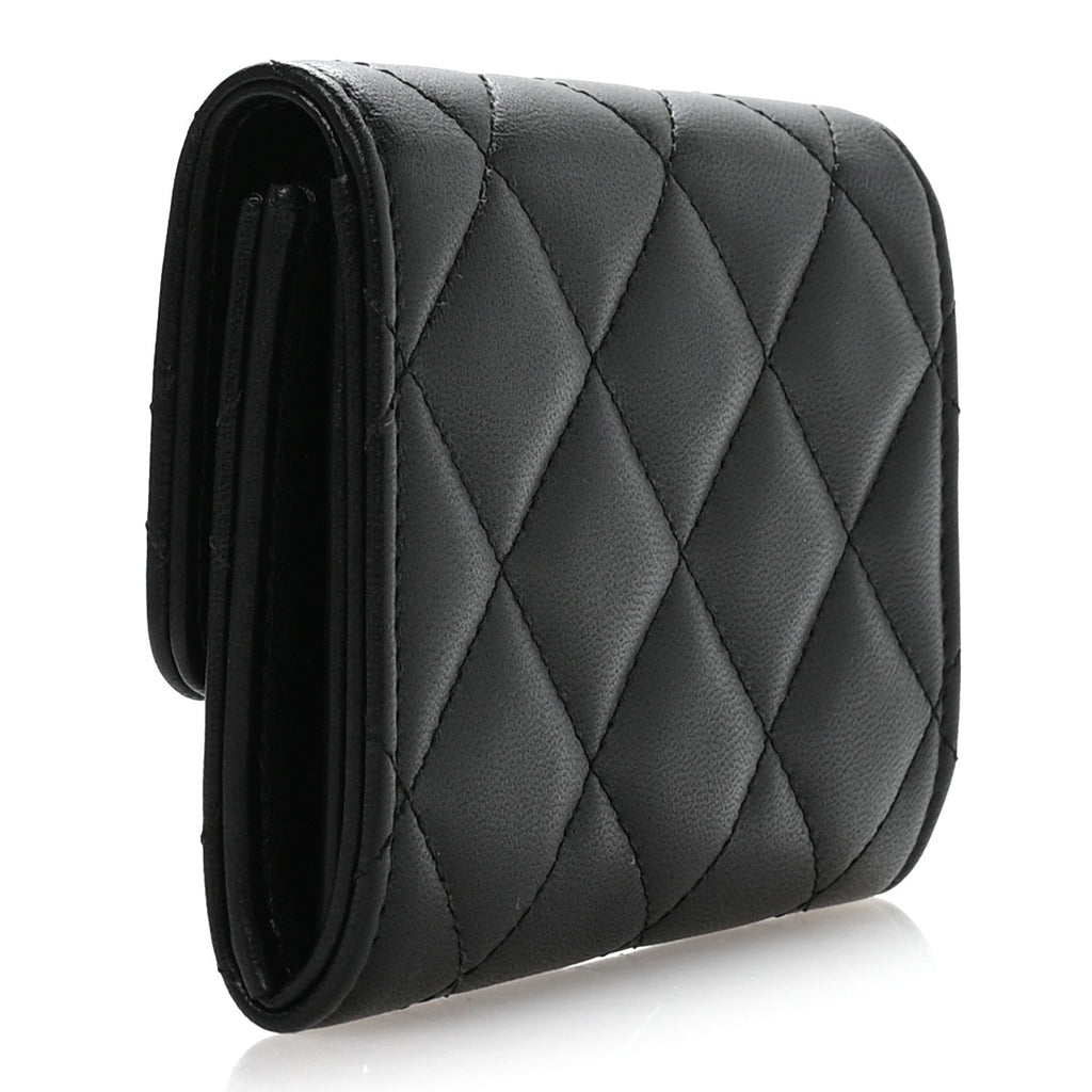 Lambskin Quilted Flap Baguette Crystal Card Holder Wallet Black