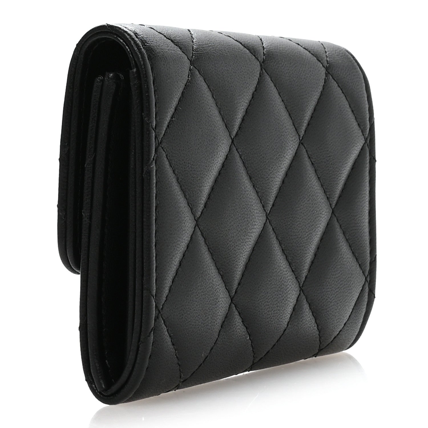 Lambskin Quilted Flap Baguette Crystal Card Holder Wallet Black