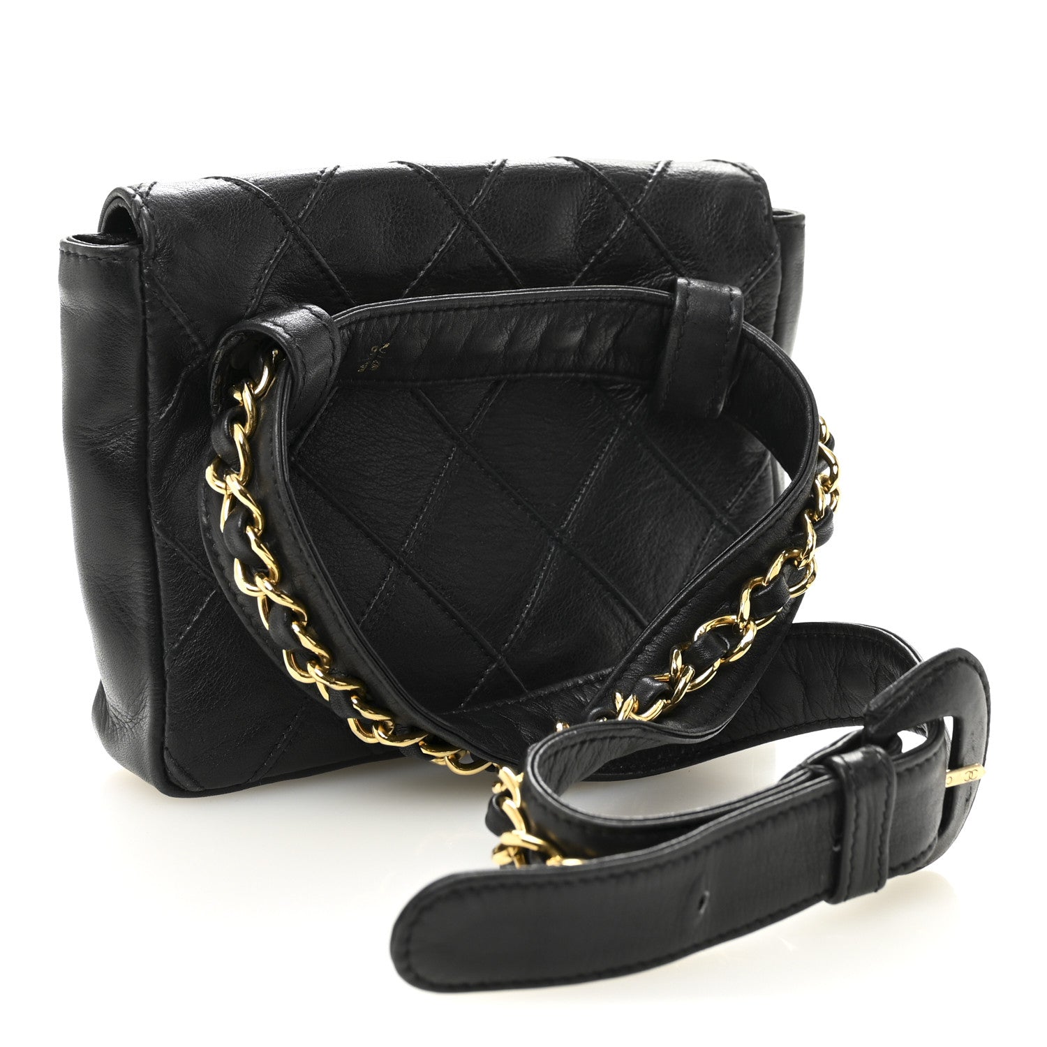 Lambskin Diamond Stitched Flap Waist Belt Bag 65 26 Black