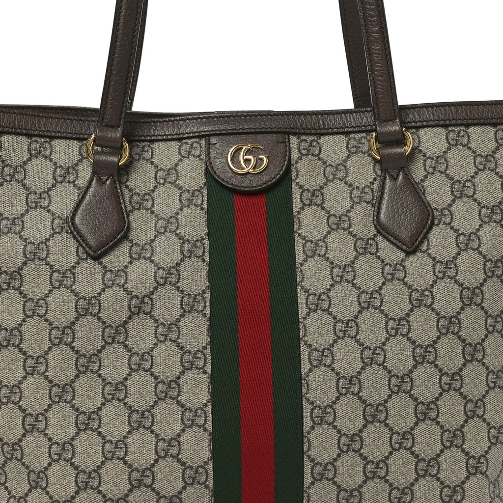 Gucci GG Supreme Monogram Textured Calfskin Web Medium Ophidia Shopping Tote Beige Ebony New Acero