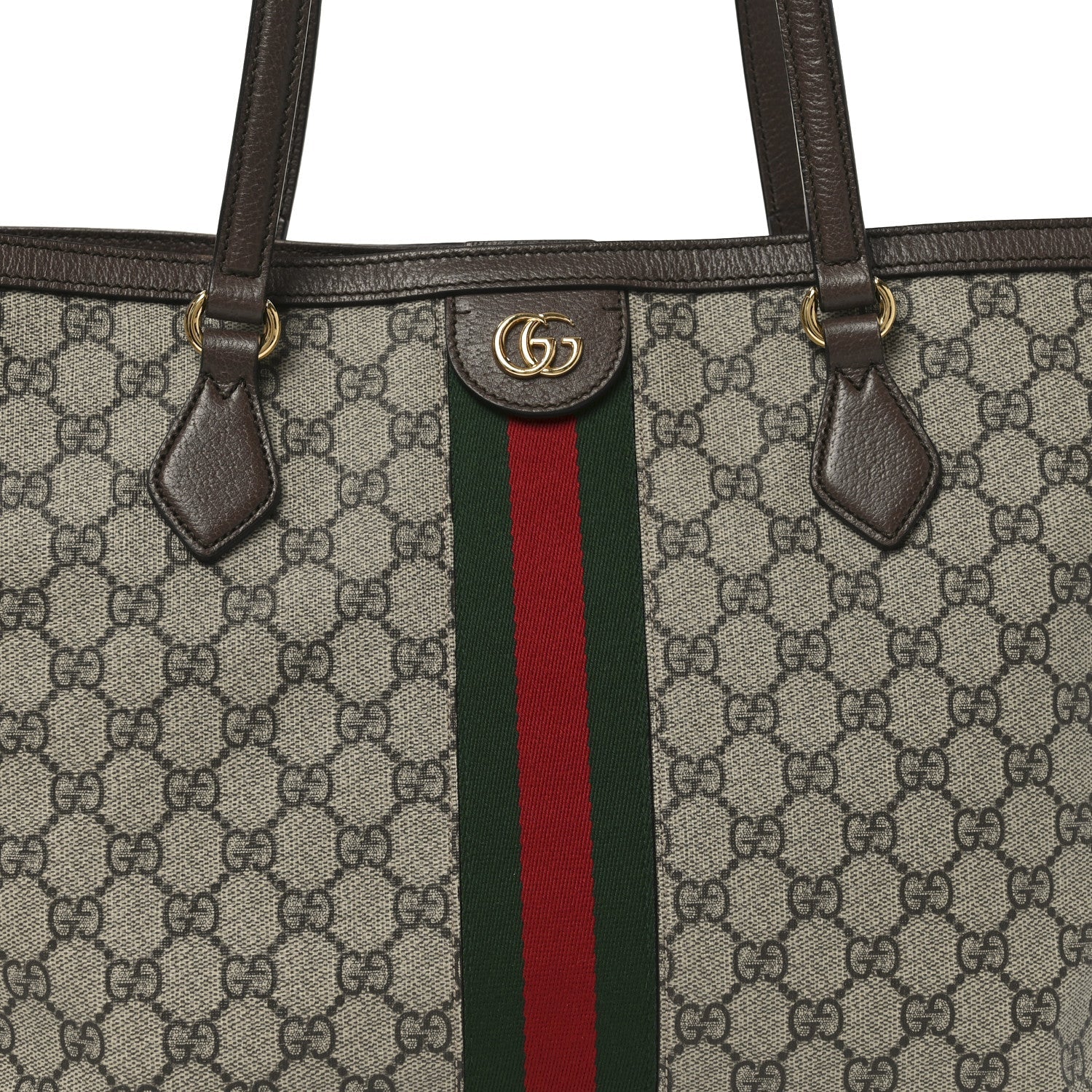 Gucci GG Supreme Monogram Textured Calfskin Web Medium Ophidia Shopping Tote Beige Ebony New Acero