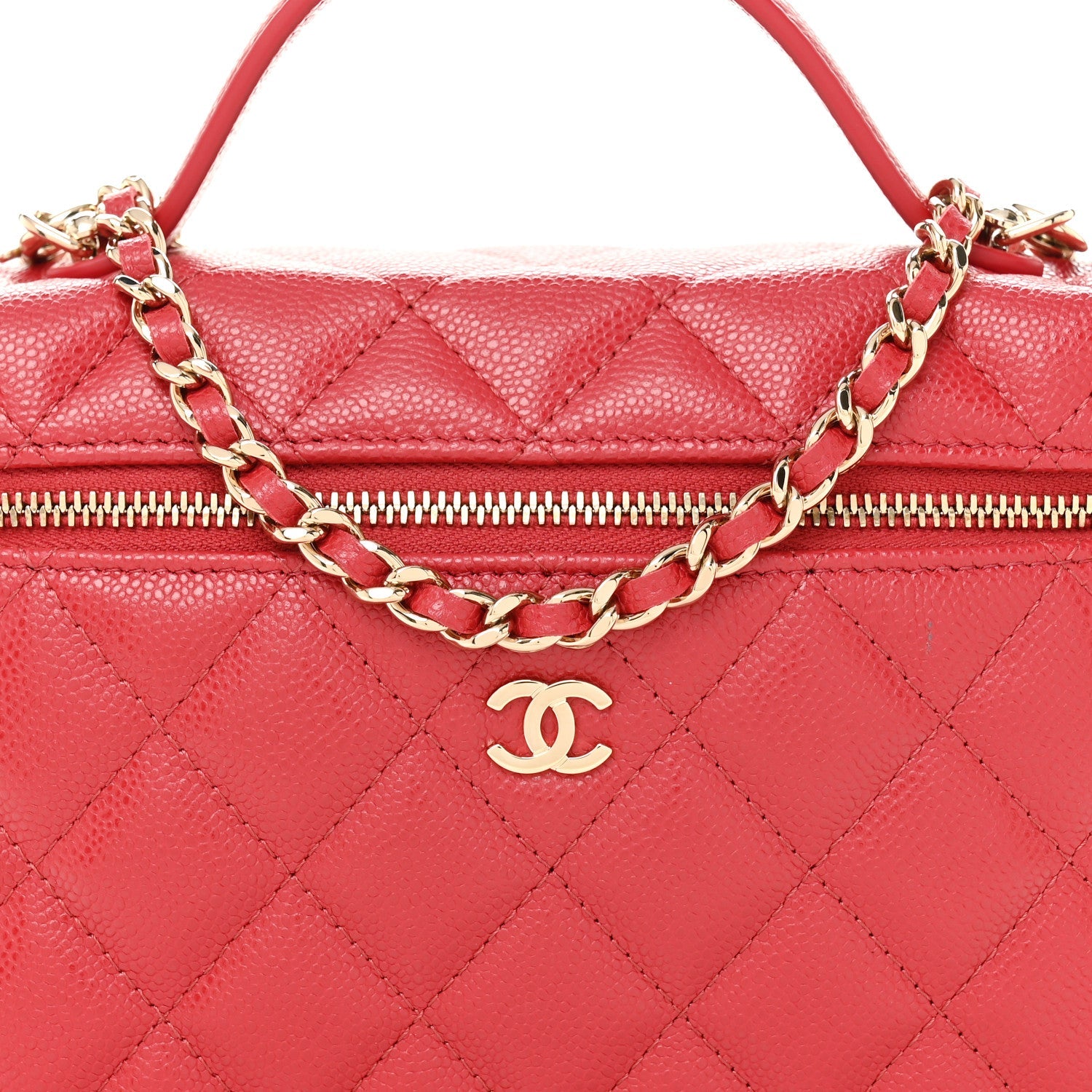 Chanel Caviar Quilted Top Handle Slim Vanity With Chain Red