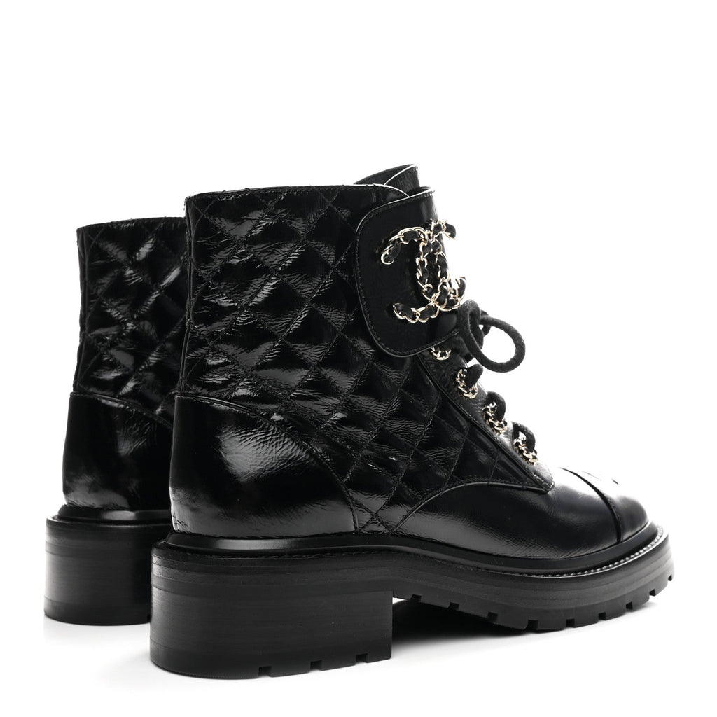 Chanel Shiny Calfskin Quilted Lace Up Combat Boots 36.5 Black