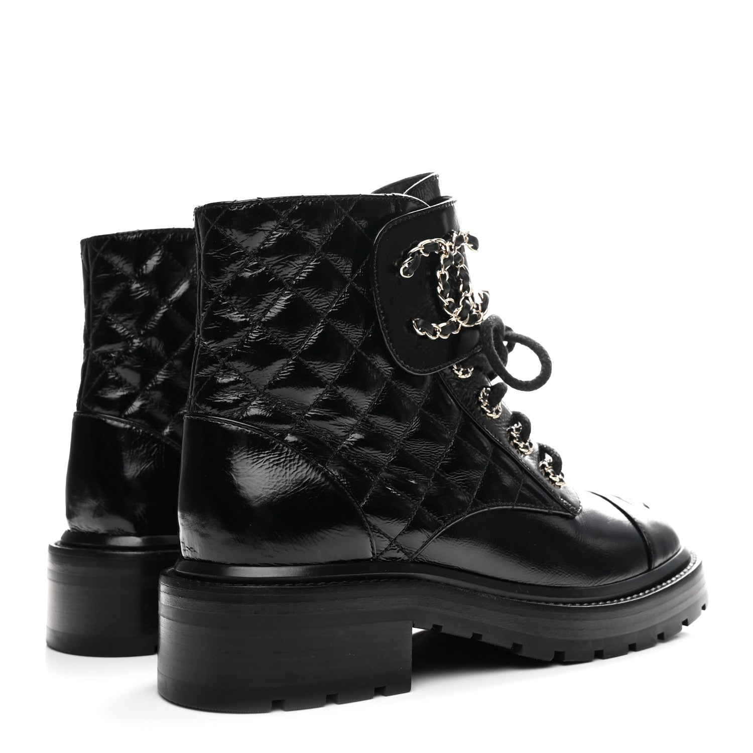 Chanel Shiny Calfskin Quilted Lace Up Combat Boots 36.5 Black