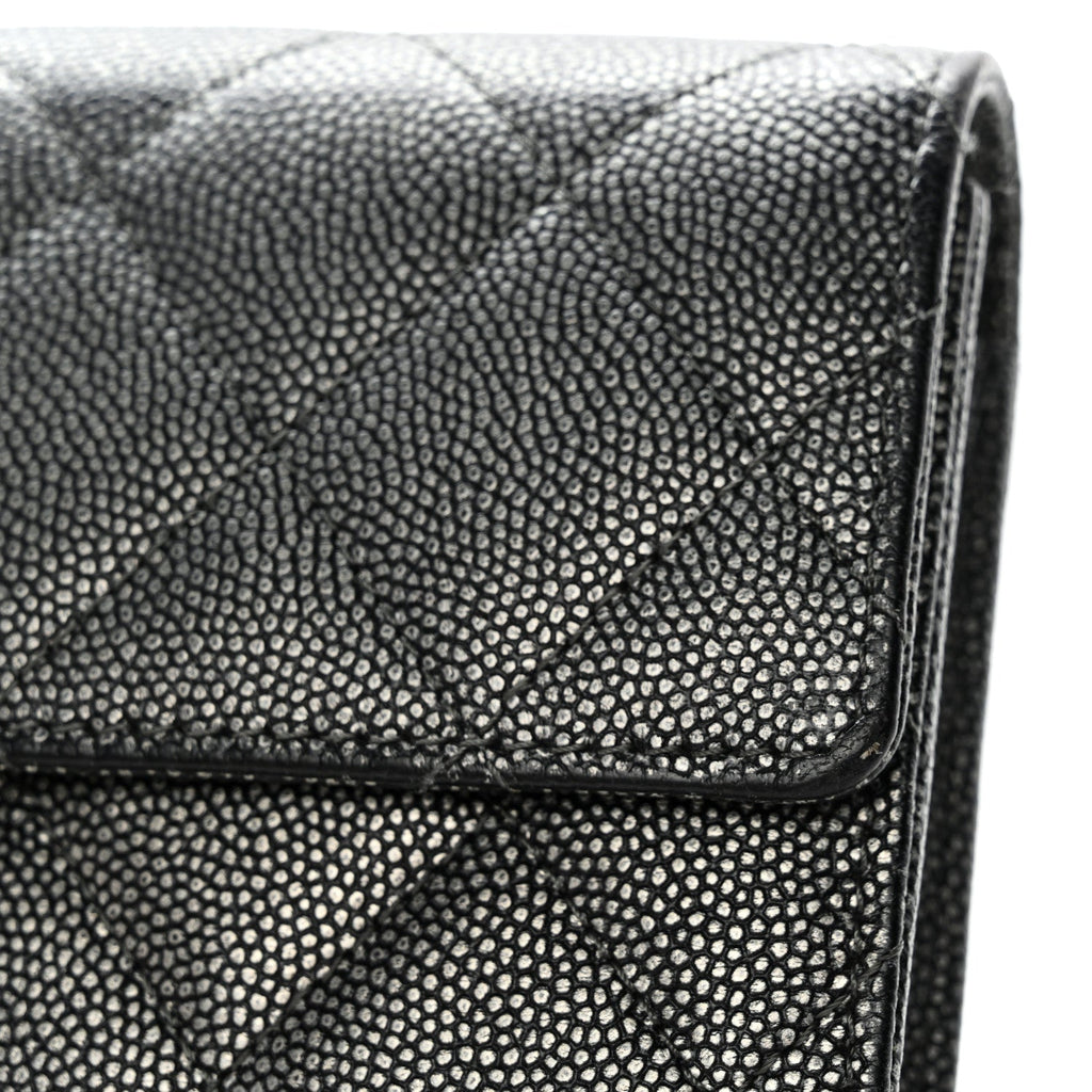 Metallic Caviar Quilted Large Golden Class Gusset Flap Wallet Dark Grey