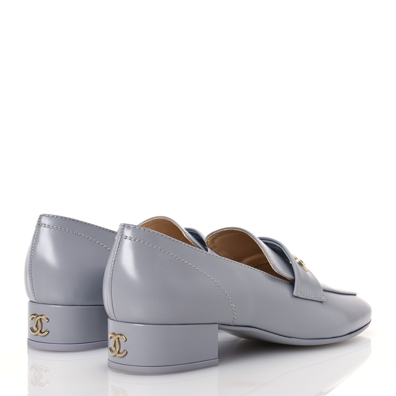 Chanel Shiny Calfskin Logo Loafers 37 Light Grey
