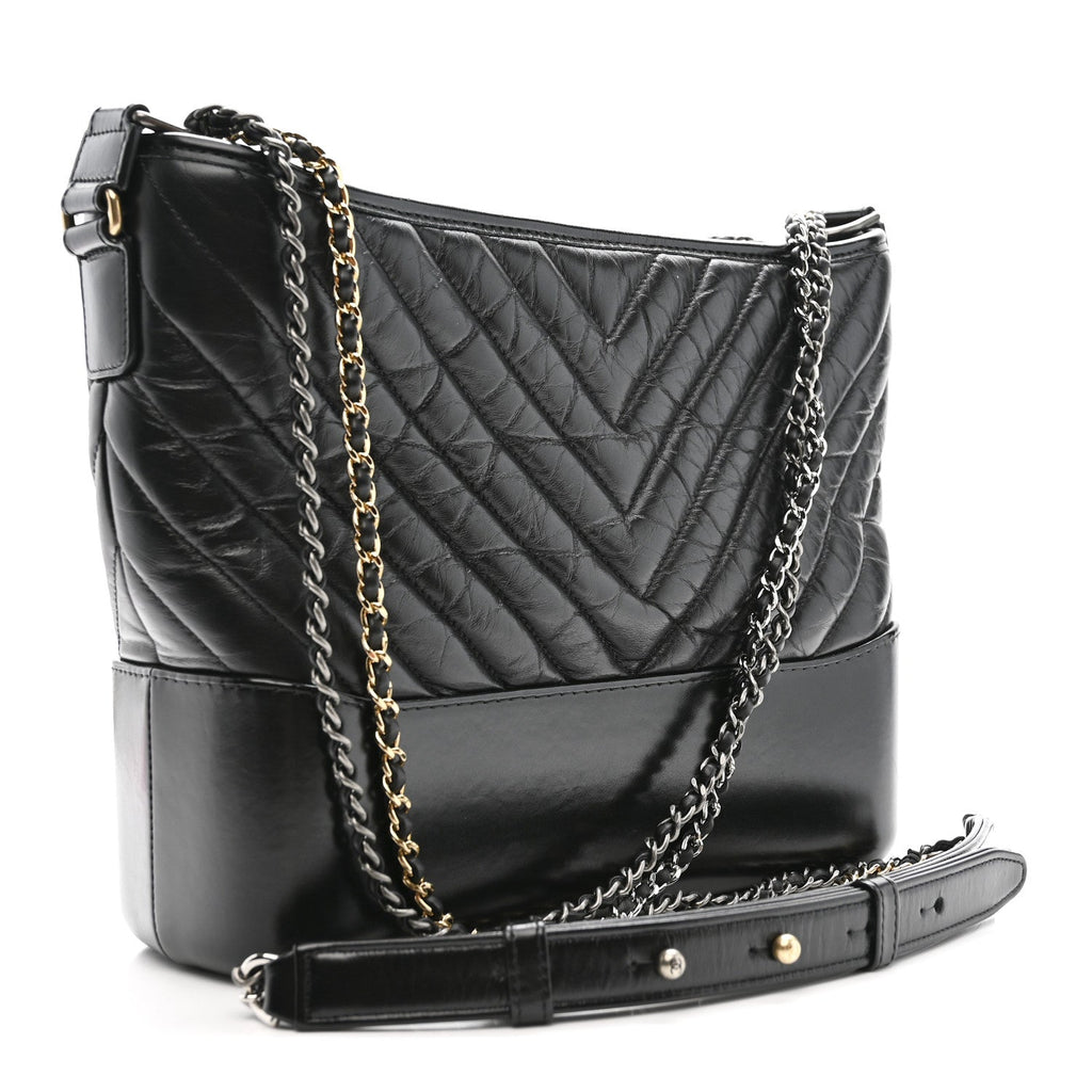 Chanel Aged Calfskin Chevron Quilted Medium Gabrielle Hobo Black