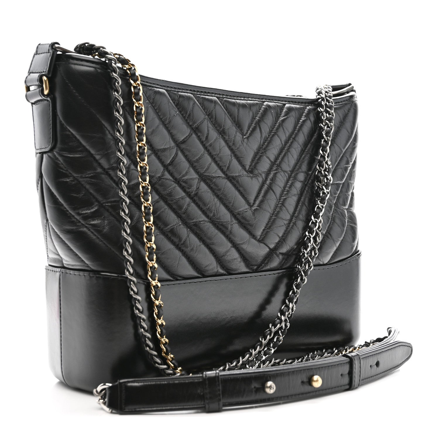 Chanel Aged Calfskin Chevron Quilted Medium Gabrielle Hobo Black
