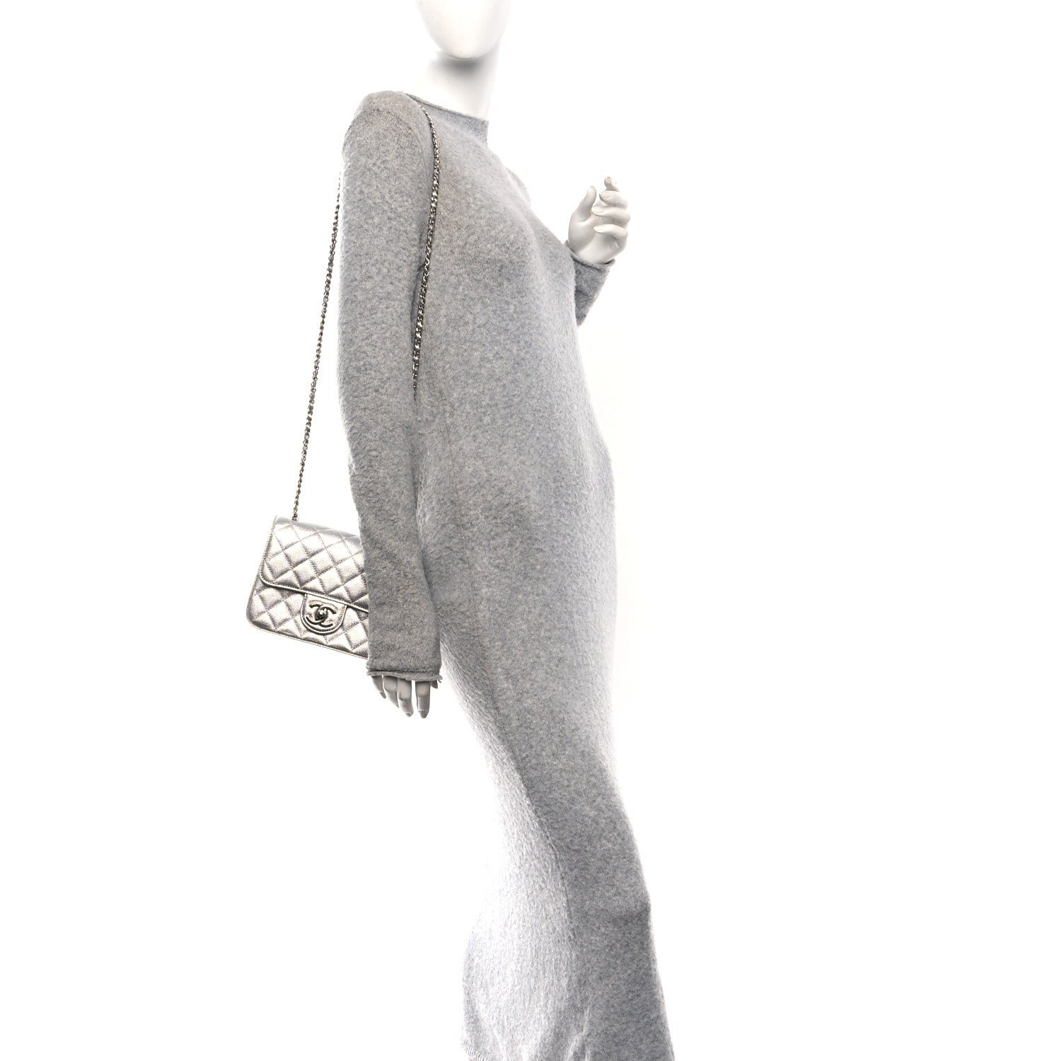 Chanel Metallic Caviar Quilted Mini Square CC Slide Flap Silver